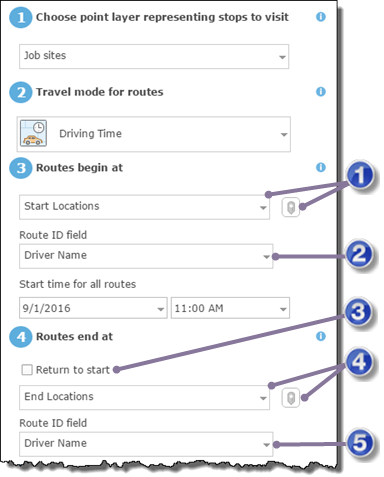 Start and end location parameters Start and end location parameters